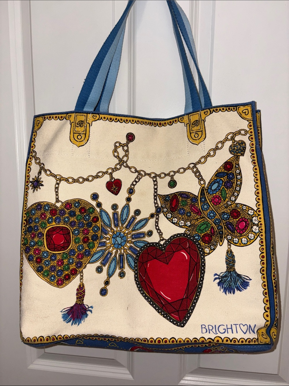 Brighton Tote Bag with Chain, Heart & Butterfly Print, Love on Reverse Side